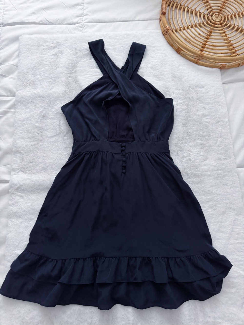 Sezane Editions Alma Silk Mini Dress Navy Blue Halter Open Back Ruffle - Picture 5 of 12